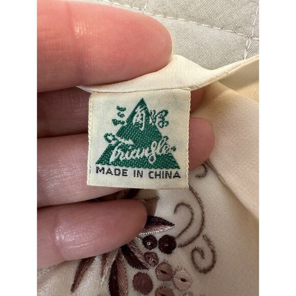 Antique Elegant Embroidered Symbol Pattern 100% Silk Scarf Chinese Beige - Picture 7 of 8